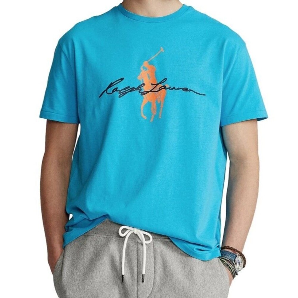 POLO RALPH LAUREN Men Cove Blue Classic Fit Big Pony Script Logo T-Shirt Size L
